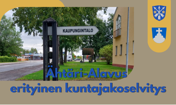 Tienviitta Ähtärin kaupungintalolle. Ähtärin ja Alavuden vaakunat.