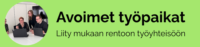 Ihmisiä pöydän ääressä. Kuvalinkki avoimiin työpaikkoihin.